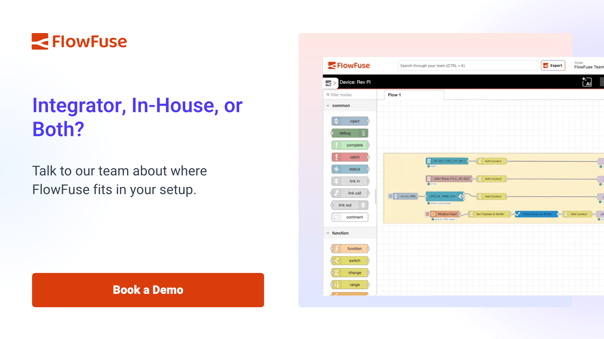 Talk to our team about where FlowFuse fits alongside your system integrator, or in place of one