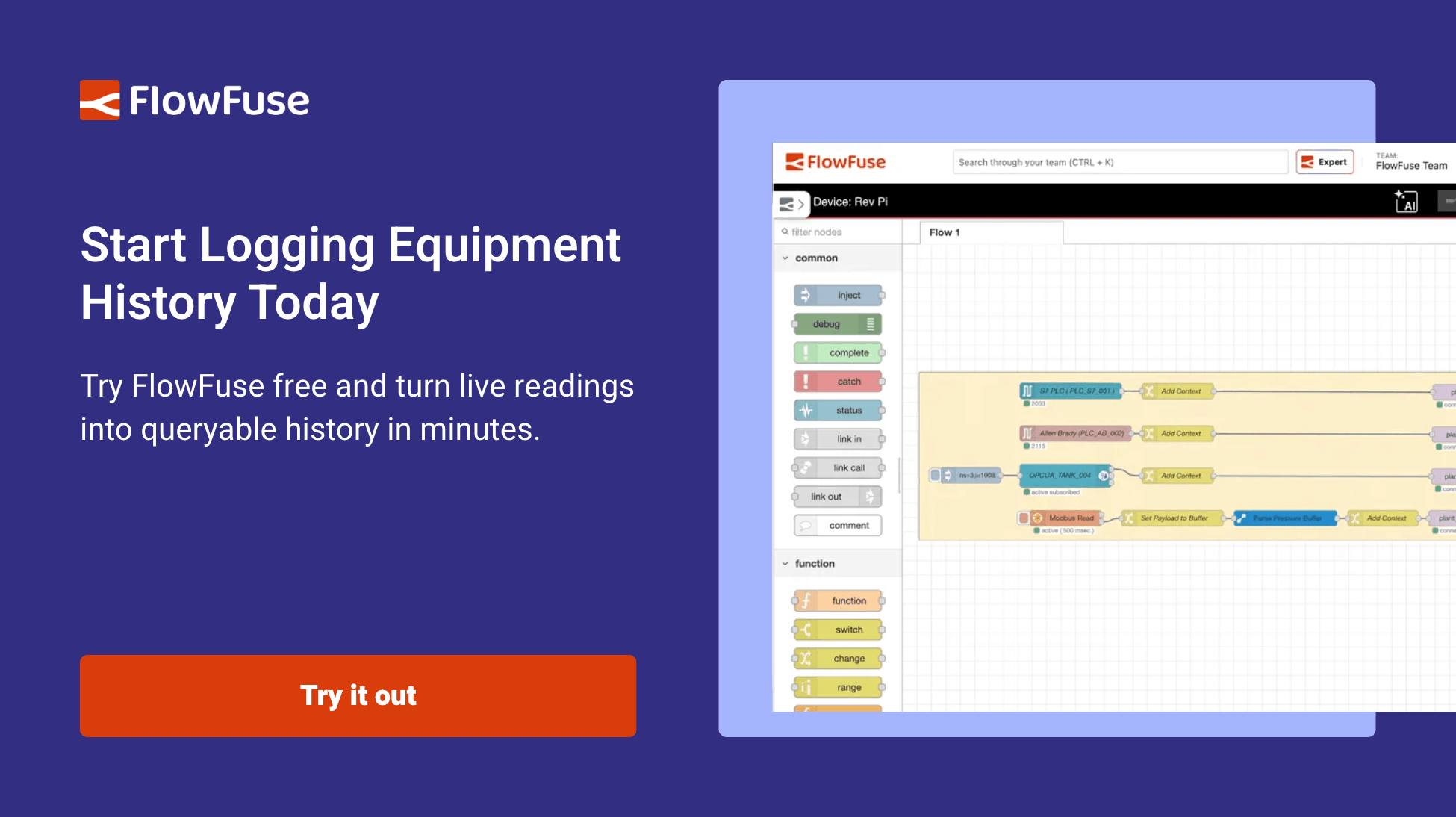 Try FlowFuse free and turn live equipment readings into queryable history in minutes